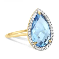 BAGUE ALMA TOPAZE SWISS BLUE ET DIAMANTS OR JAUNE