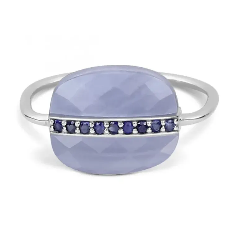 BAGUE AURORE AGATE BLEUE DENTELLE ET SAPHIRS BLEUS OR BLANC