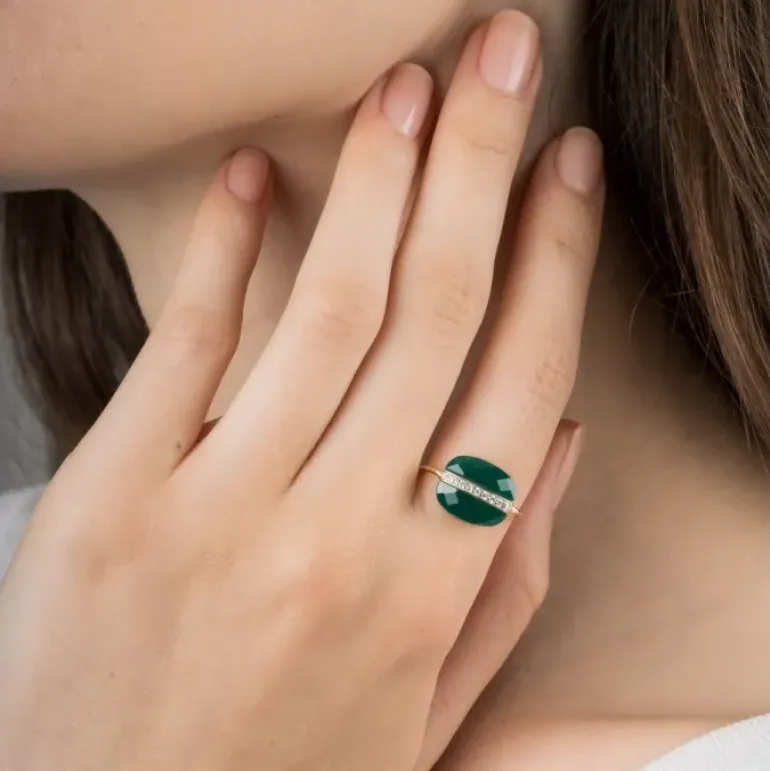 BAGUE AURORE AGATE VERTE ET DIAMANTS OR JAUNE