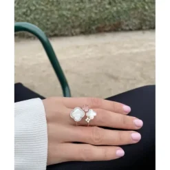BAGUE BOUQUET NACRE BLANCHE ET QUARTZ ROSE + DIAMANTS OR JAUNE