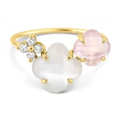 BAGUE BOUQUET NACRE BLANCHE ET QUARTZ ROSE + DIAMANTS OR JAUNE