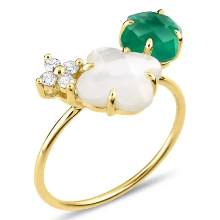 BAGUE BOUQUET NACRE BLANCHE ET AGATE VERTE + DIAMANTS OR JAUNE