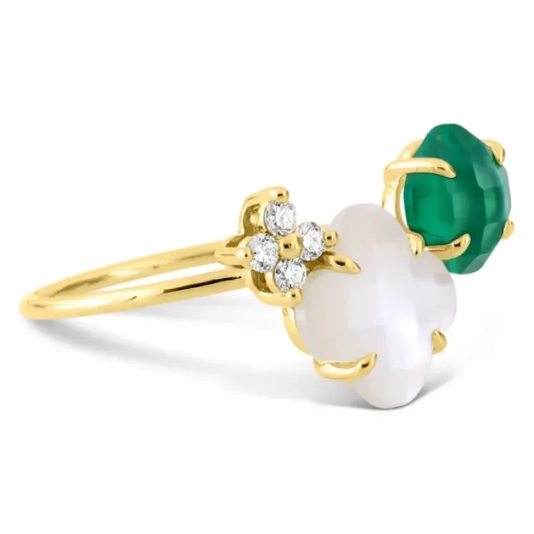 BAGUE BOUQUET NACRE BLANCHE ET AGATE VERTE + DIAMANTS OR JAUNE
