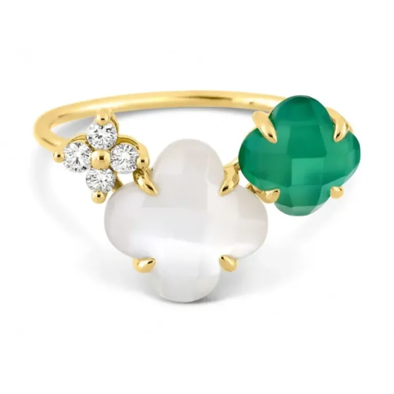 BAGUE BOUQUET NACRE BLANCHE ET AGATE VERTE + DIAMANTS OR JAUNE