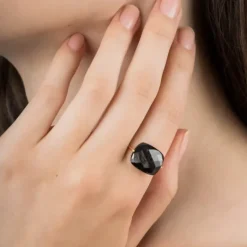 BAGUE OR ROSE COUSSIN OVERSIZE PIERRE DE LUNE HYPERSTENE
