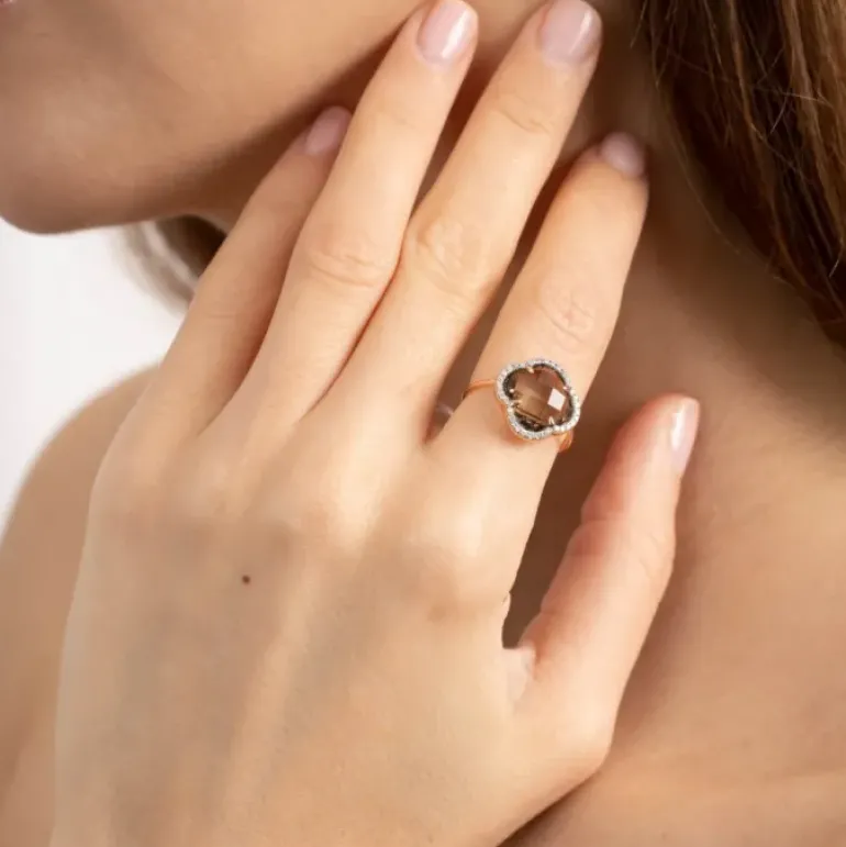BAGUE VICTORIA DIAMANTS QUARTZ FUME + DIAMANTS OR ROSE