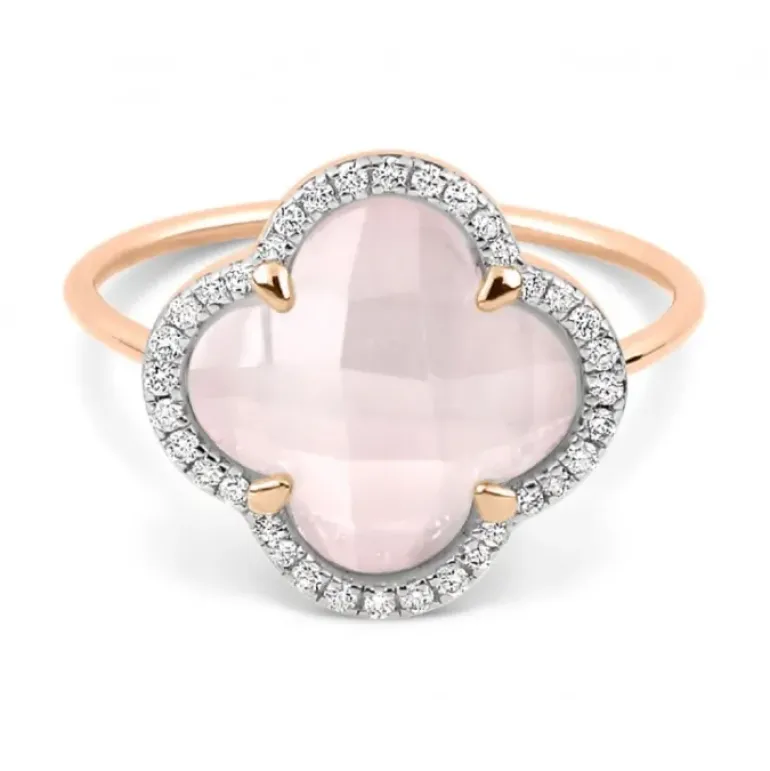 BAGUE VICTORIA DIAMANTS QUARTZ ROSE MILKY + DIAMANTS OR ROSE