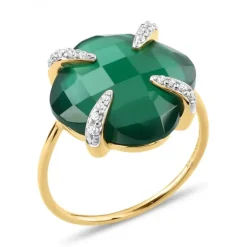 BAGUE VICTORIA LYS GRANDE AGATE VERTE ET DIAMANTS OR JAUNE