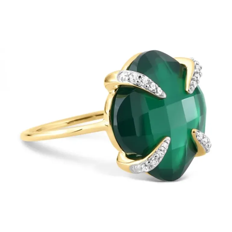 BAGUE VICTORIA LYS GRANDE AGATE VERTE ET DIAMANTS OR JAUNE