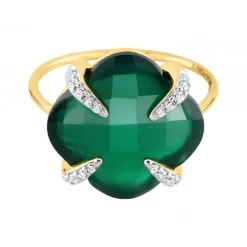 BAGUE VICTORIA LYS GRANDE AGATE VERTE ET DIAMANTS OR JAUNE