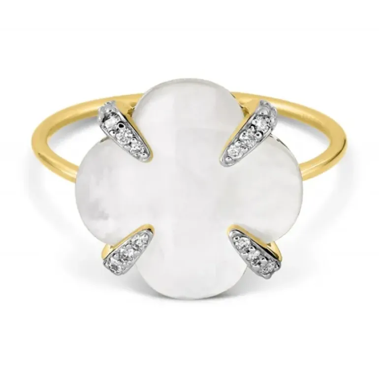 BAGUE VICTORIA LYS NACRE BLANCHE ET DIAMANTS OR JAUNE