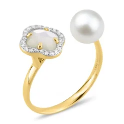 BAGUE VICTORIA PERLES ET NACRE BLANCHE + DIAMANTS OR JAUNE