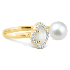BAGUE VICTORIA PERLES ET NACRE BLANCHE + DIAMANTS OR JAUNE