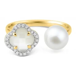 BAGUE VICTORIA PERLES ET NACRE BLANCHE + DIAMANTS OR JAUNE