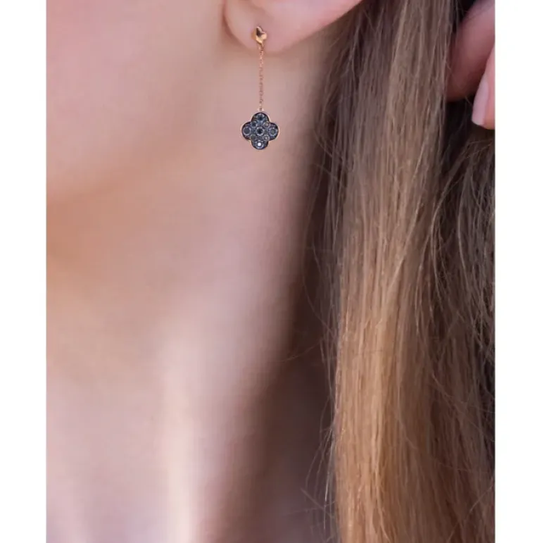 BOUCLES D'OREILLES PENDANTES SERTI DIAMANTS NOIRS OR ROSE