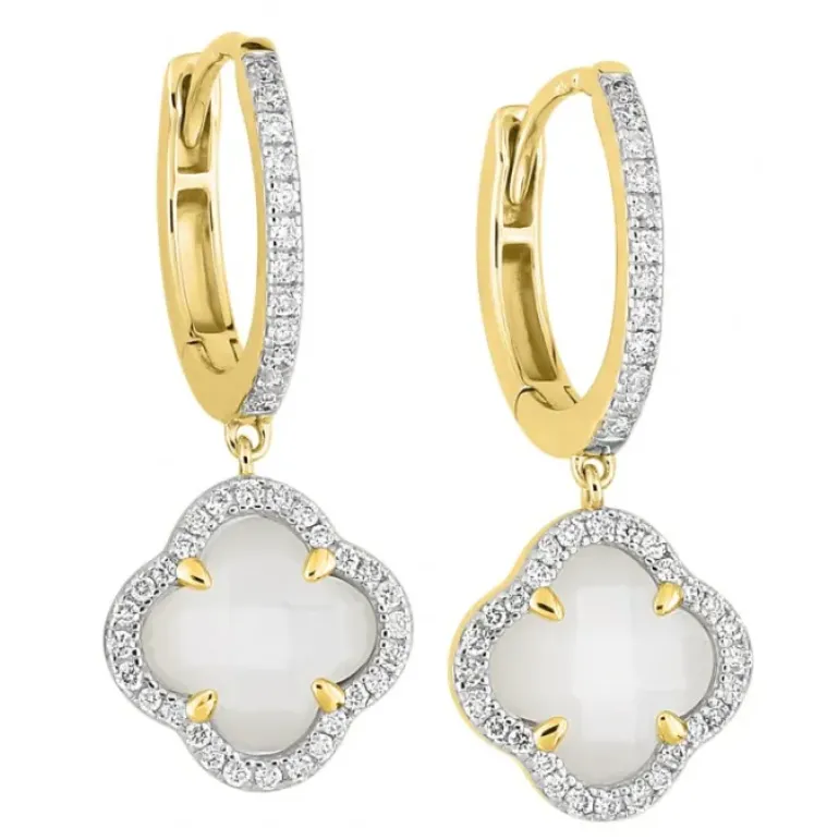 BOUCLES D'OREILLES PENDANTES VICTORIA DIAMANTS NACRE BLANCHE + DIAMANTS OR JAUNE