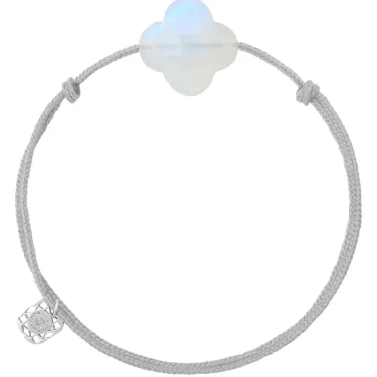 BRACELET CORDON GRIS SOURIS TREFLE PIERRE DE LUNE ARC EN CIEL