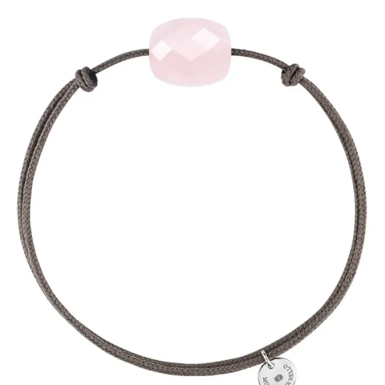 BRACELET CORDON TAUPE COUSSIN QUARTZ ROSE POUDRE