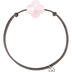 BRACELET CORDON TAUPE TREFLE QUARTZ ROSE POUDRE