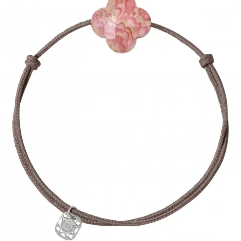 BRACELET CORDON TAUPE TREFLE RHODOCHROSITE