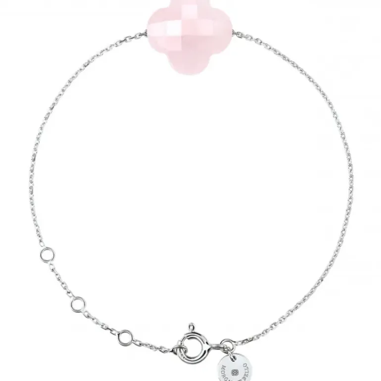 BRACELET OR BLANC TREFLE QUARTZ ROSE POUDRÉ