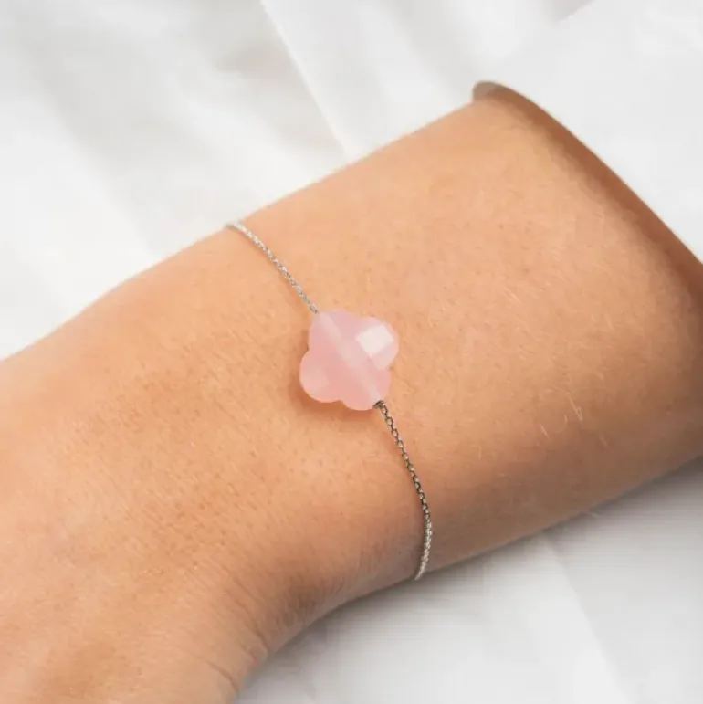 BRACELET OR BLANC TREFLE QUARTZ ROSE POUDRÉ