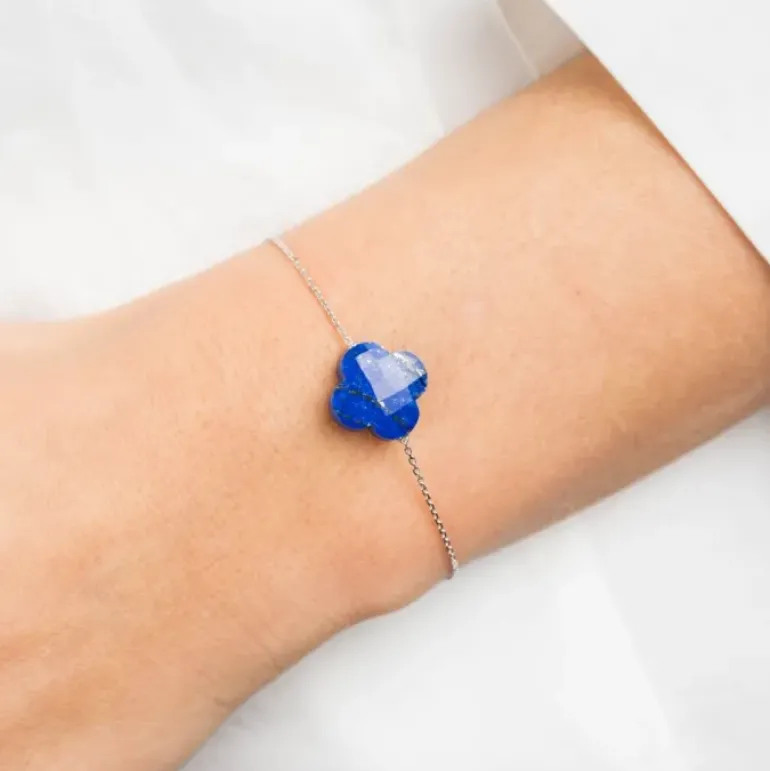 BRACELET OR BLANC TREFLE LAPIS LAZULI