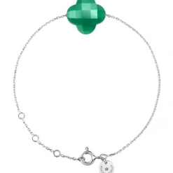BRACELET OR BLANC TREFLE AGATE VERTE