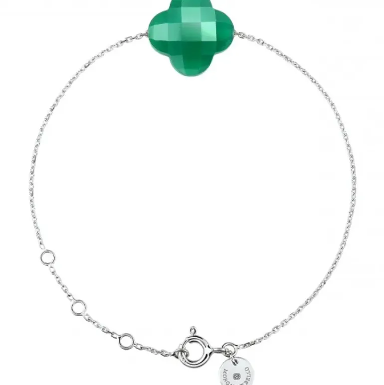 BRACELET OR BLANC TREFLE AGATE VERTE