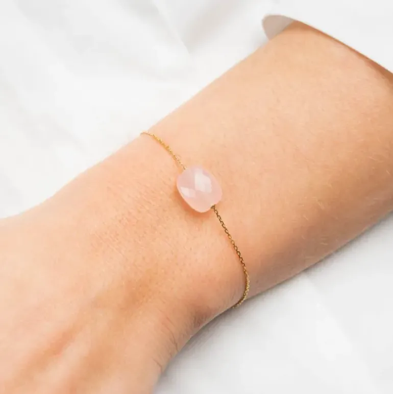 BRACELET OR JAUNE COUSSIN QUARTZ ROSE POUDRE