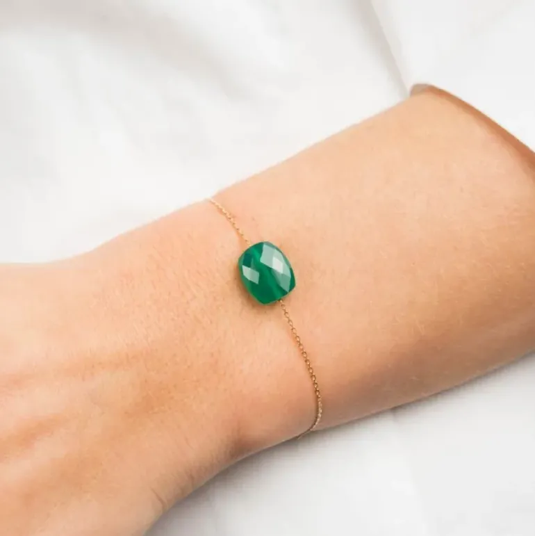 BRACELET OR JAUNE COUSSIN AGATE VERTE