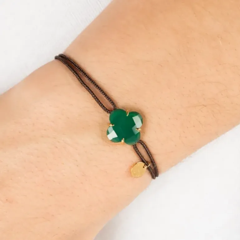 BRACELET VICTORIA CORDON CHOCOLAT AGATE VERTE OR JAUNE