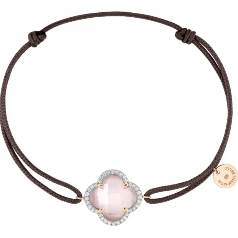 BRACELET VICTORIA DIAMANT CORDON TAUPE QUARTZ ROSE MILKY OR ROSE