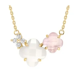 COLLIER BOUQUET NACRE BLANCHE ET QUARTZ ROSE + DIAMANTS OR JAUNE