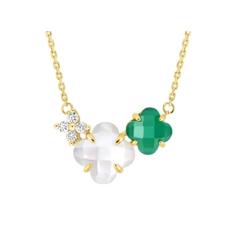 COLLIER BOUQUET NACRE BLANCHE ET AGATE VERTE + DIAMANTS OR JAUNE