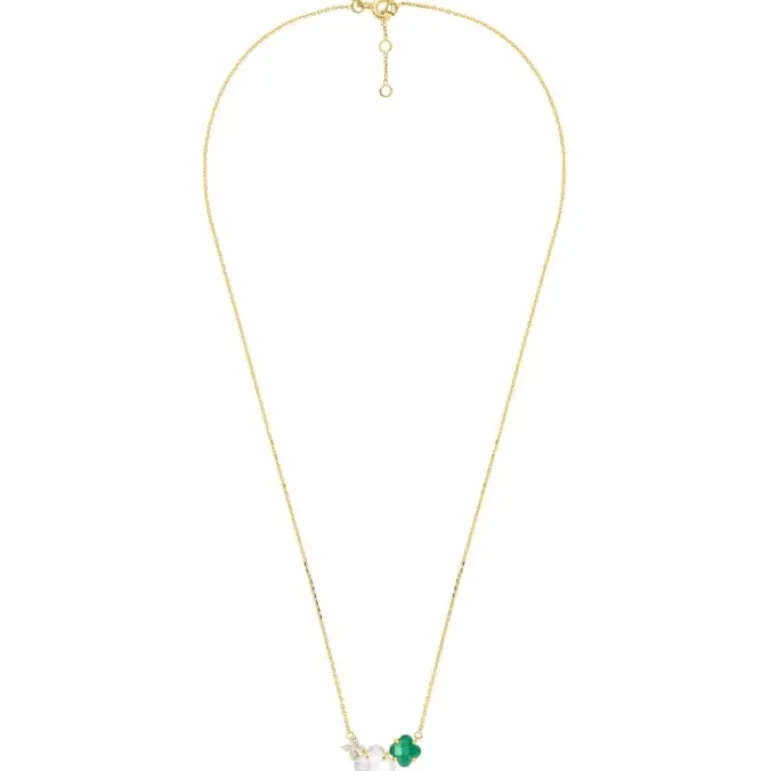 COLLIER BOUQUET NACRE BLANCHE ET AGATE VERTE + DIAMANTS OR JAUNE