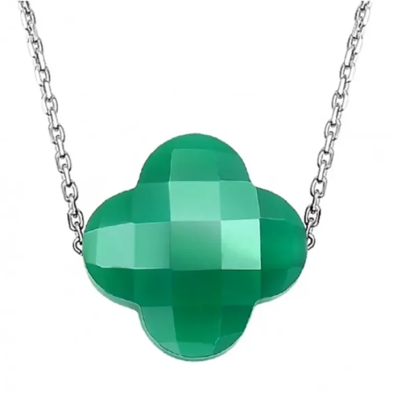COLLIER OR BLANC TREFLE AGATE VERTE