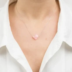 COLLIER OR BLANC TREFLE QUARTZ ROSE POUDRE
