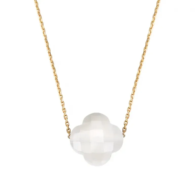 COLLIER OR JAUNE TREFLE AGATE BLANCHE