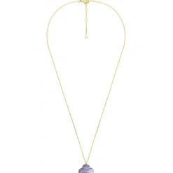 COLLIER OR JAUNE TREFLE AGATE BLEUE DENTELLE PENDANTE (44 cm)