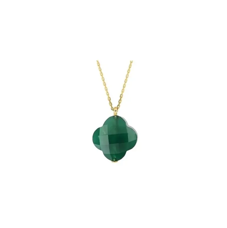 COLLIER OR JAUNE TREFLE AGATE VERTE PENDANTE (44 cm)