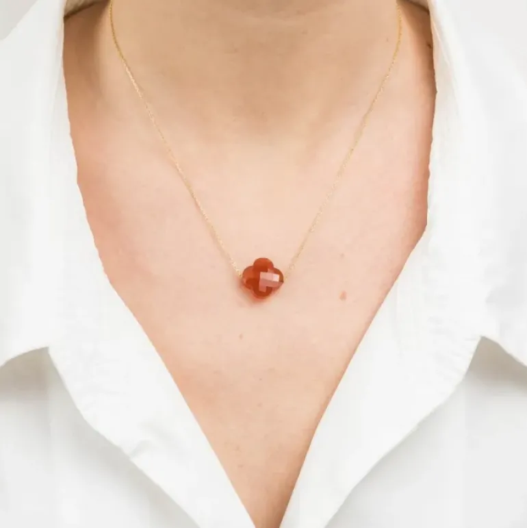 COLLIER OR JAUNE TREFLE CORNALINE