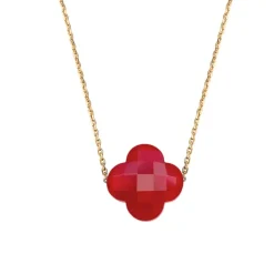 COLLIER OR JAUNE TREFLE QUARTZ ROUGE