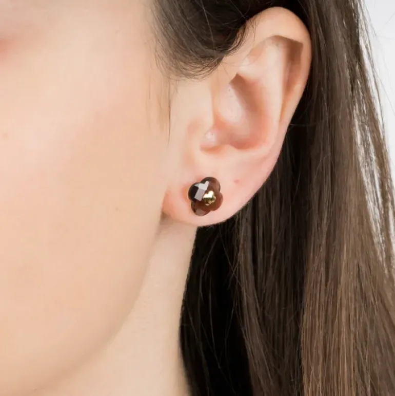 PUCES D'OREILLES OR JAUNE QUARTZ FUME