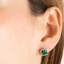 PUCES VICTORIA DIAMANTS AGATE VERTE + DIAMANTS OR JAUNE
