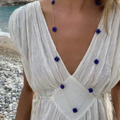 SAUTOIR OR JAUNE LAPIS LAZULI TREFLE